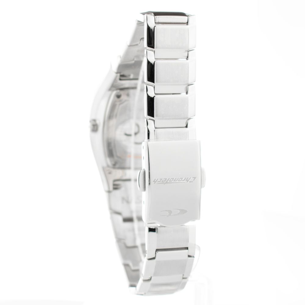 A silver stainless steel watch with a white face, black numbers, and hands