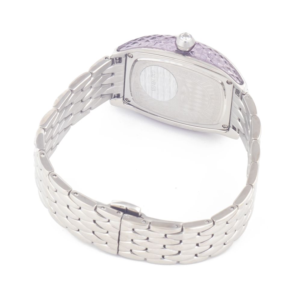 A silver stainless steel watch with a purple stone on top of the band