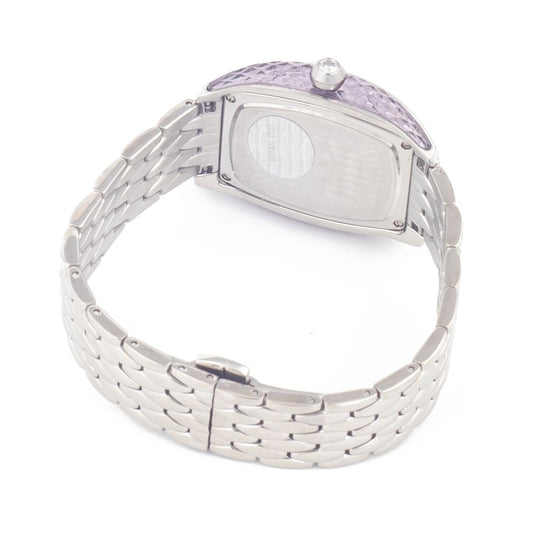 A silver stainless steel watch with a purple stone on top of the band