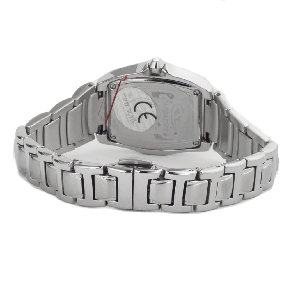A silver stainless steel watch with a chronograph function, featuring a white face and black hands