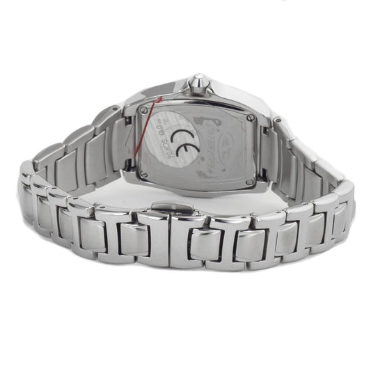 A silver stainless steel watch with a chronograph function, featuring a white face and black hands