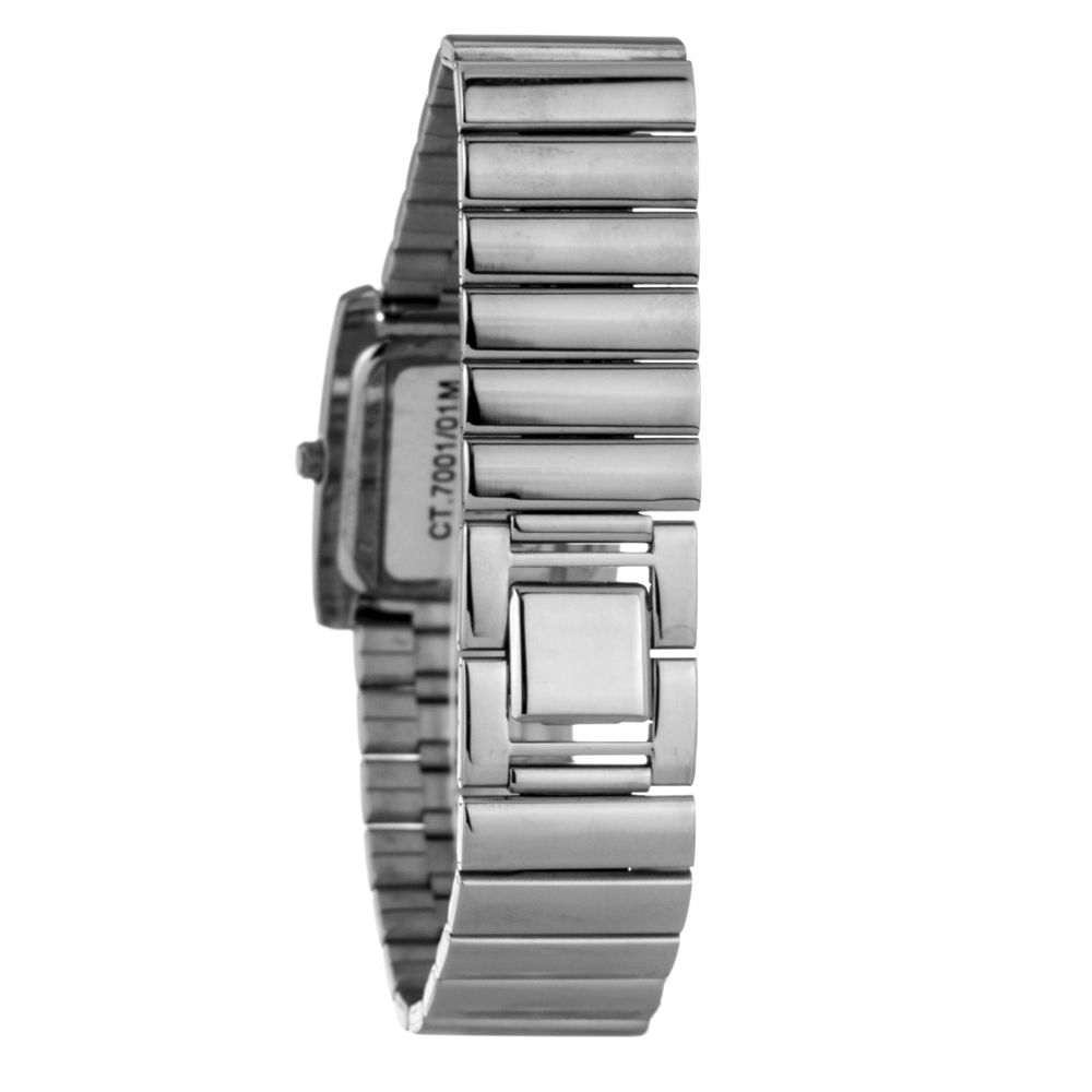 A silver stainless steel watch with a black face, white numbers, and hands