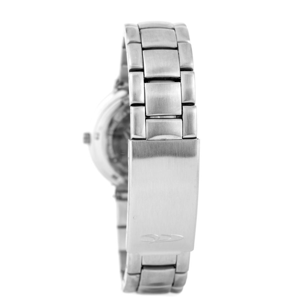 A silver stainless steel watch with a white face and black hands