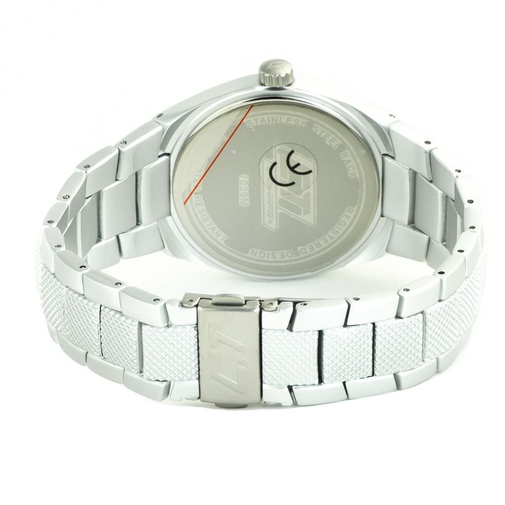 A silver stainless steel watch with a black face, red second hand, and white text on the dial