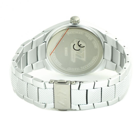 A silver stainless steel watch with a black face, red second hand, and white text on the dial