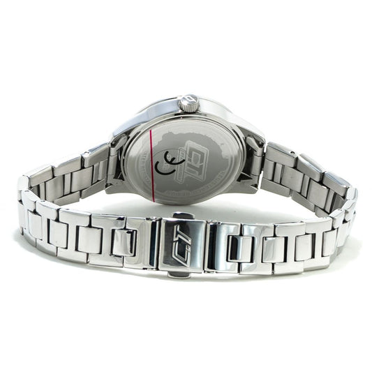 A silver stainless steel watch with a black face, white hands, and a logo on the dial