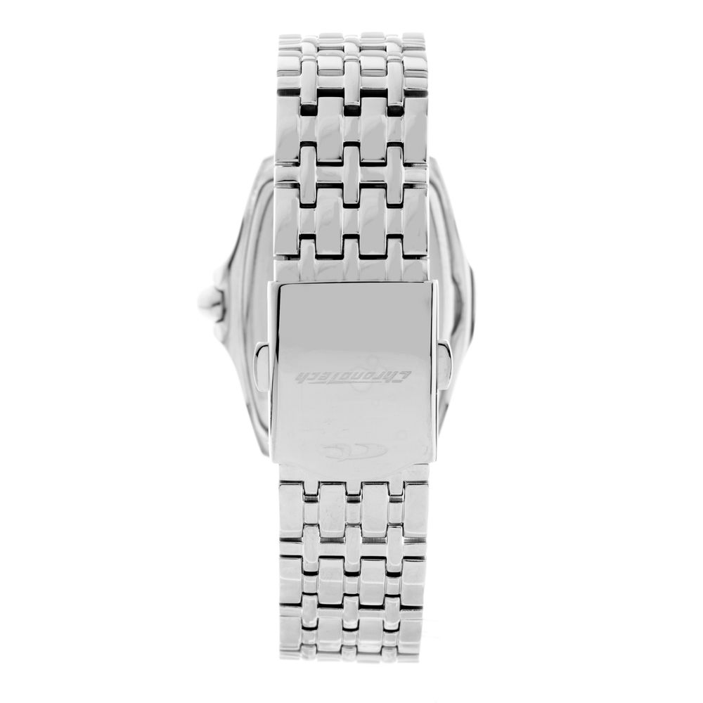 Silver stainless steel watch with black face and white hands