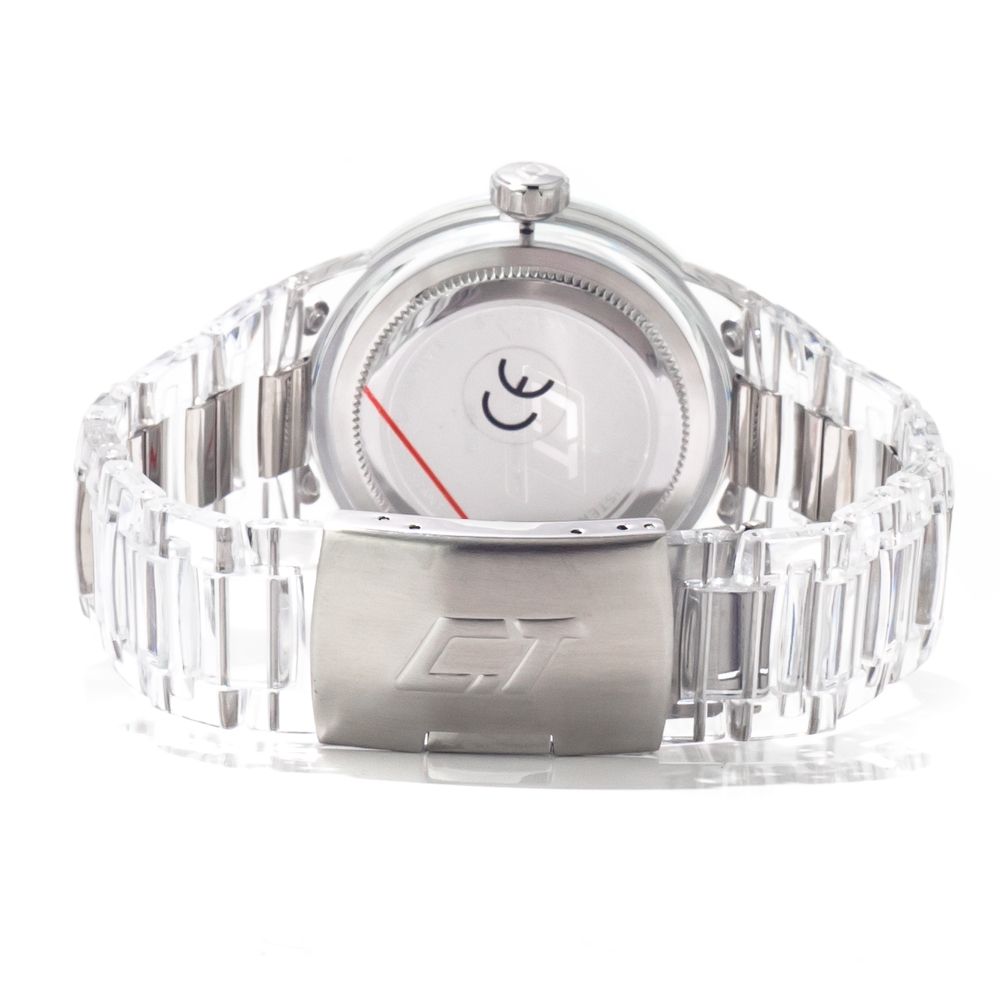 A transparent polycarbonate watch with a silver band and face, featuring a chronograph function and a logo on the dial