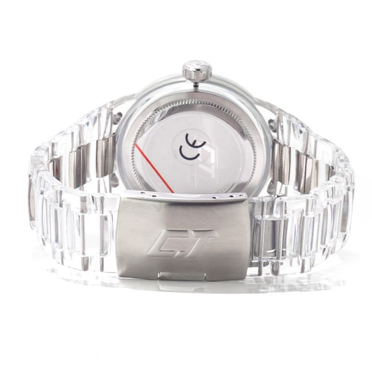 A transparent polycarbonate watch with a silver band and face, featuring a chronograph function and a logo on the dial