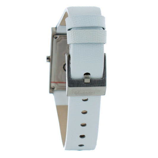 A white leather watch with a silver buckle