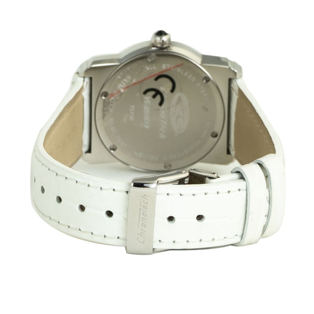 A white leather watch with a silver face and red markings, featuring a chronograph function