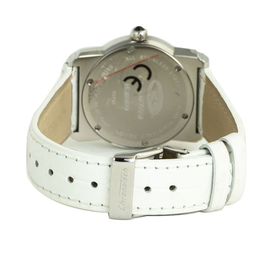 A white leather watch with a silver face and red markings, featuring a chronograph function