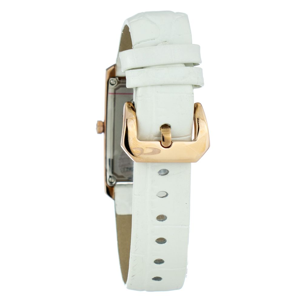 A white leather watch with a gold buckle