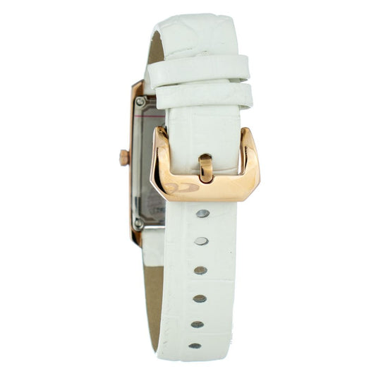 A white leather watch with a gold buckle