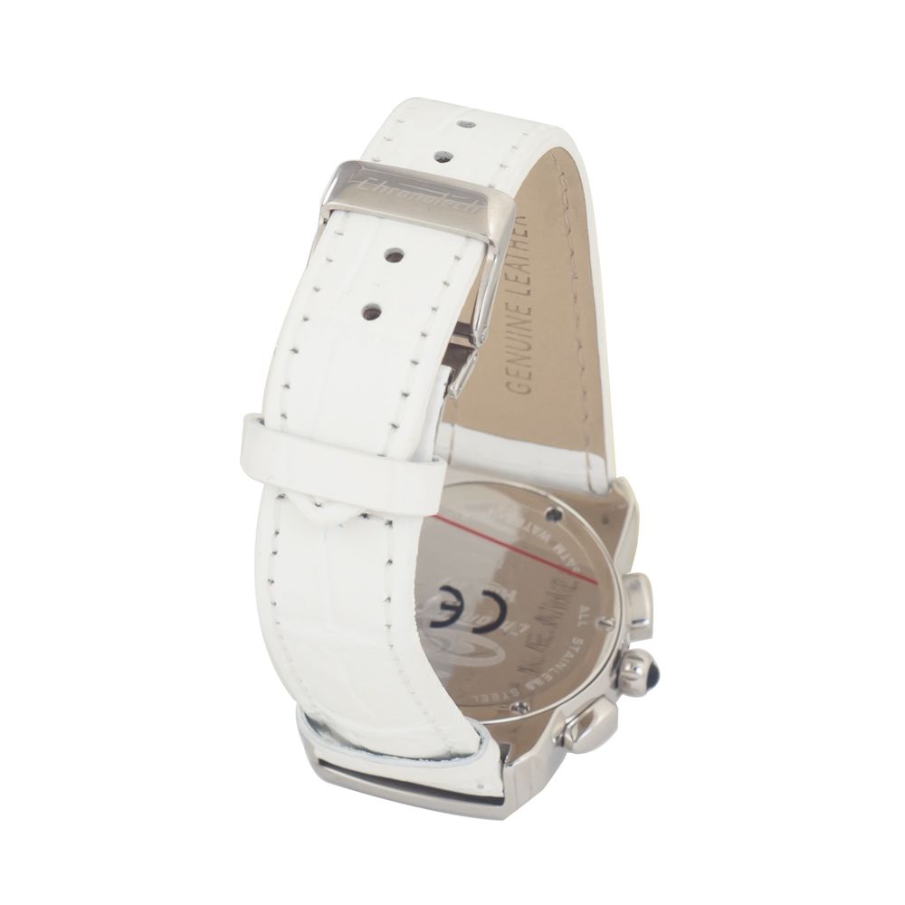 A white leather dress watch with silver buckle and hands, featuring a small second hand dial