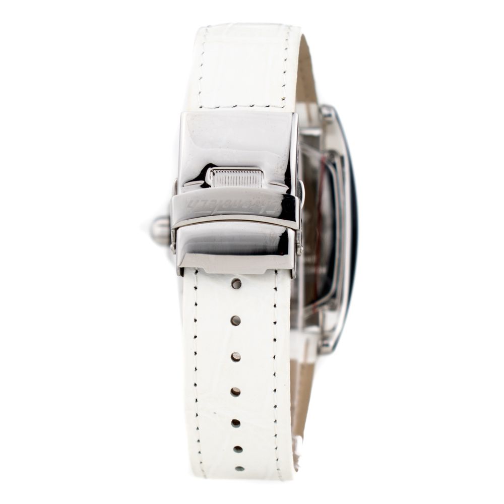 A white leather watch strap with a silver buckle