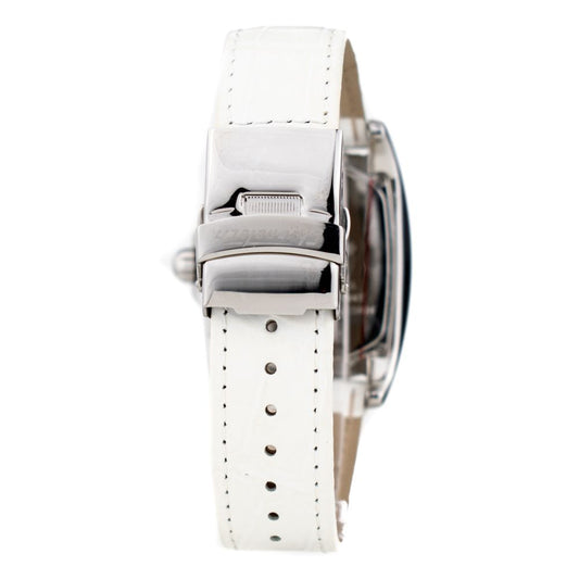 A white leather watch strap with a silver buckle