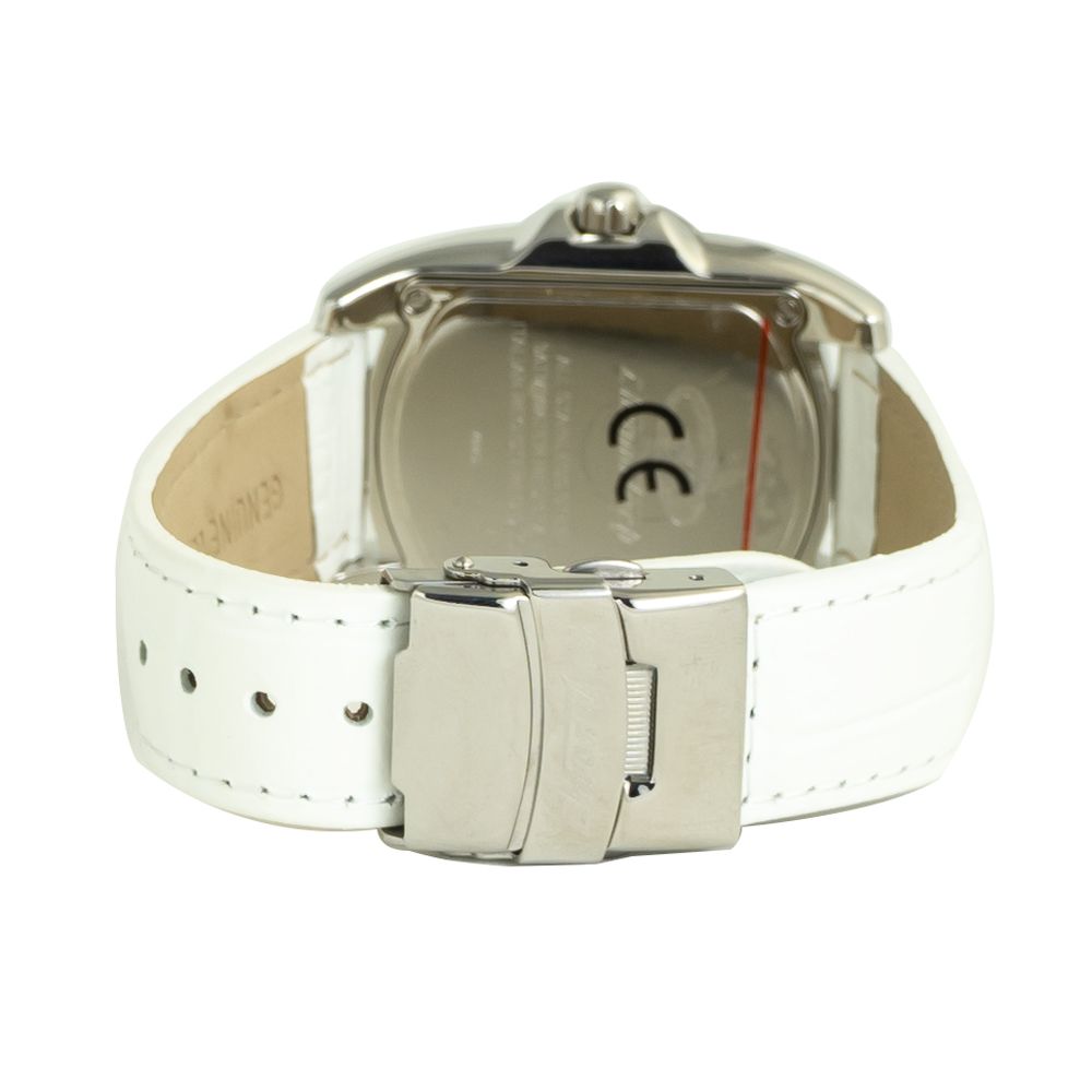 A white leather watch with silver buckle and face