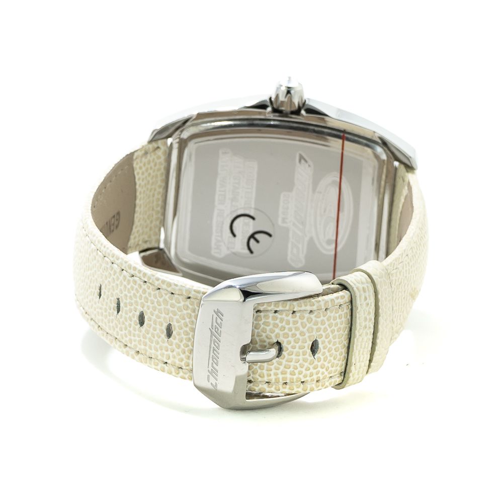 A white leather watch with a silver buckle and face, featuring a chronograph function
