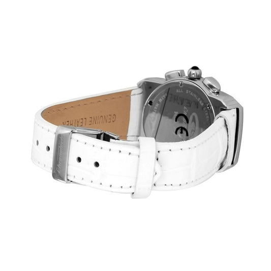 A white leather dress watch with a silver buckle