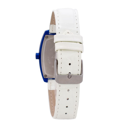 A white leather watch strap with a silver buckle