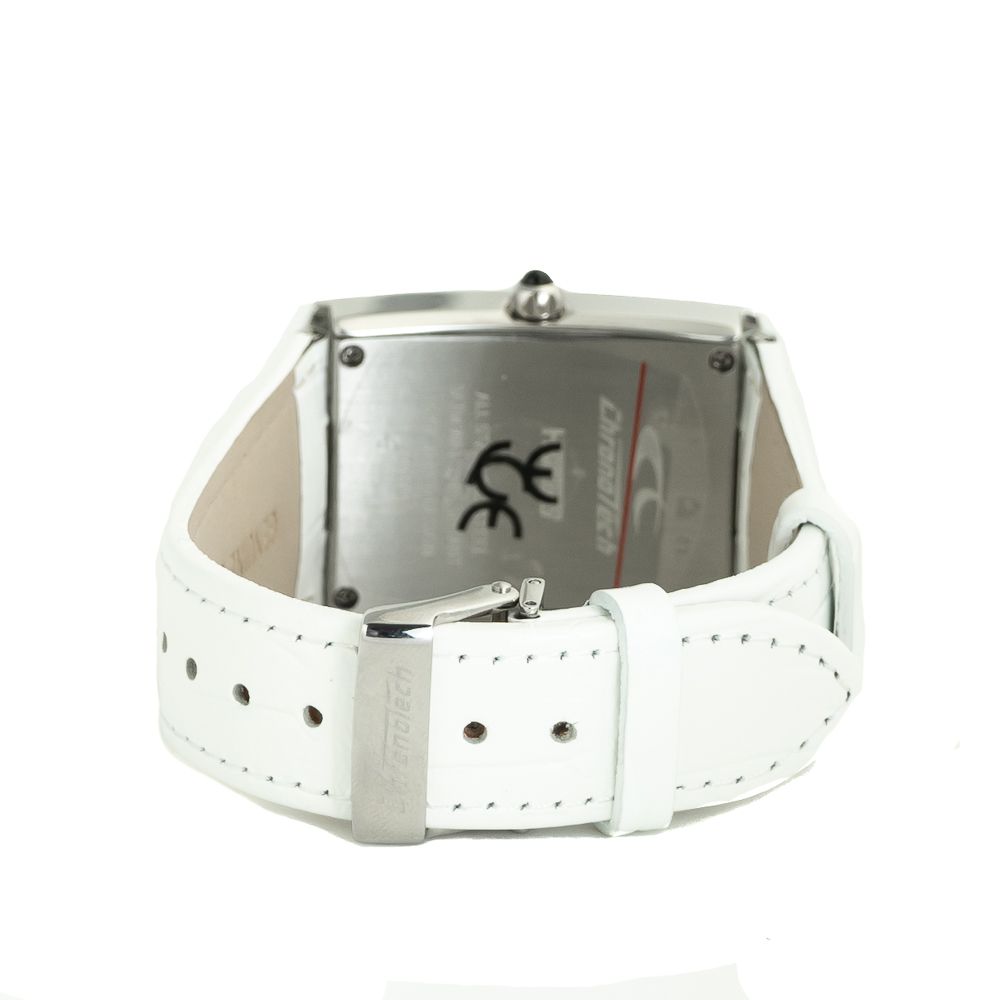 A white leather watch with a silver face and black hands