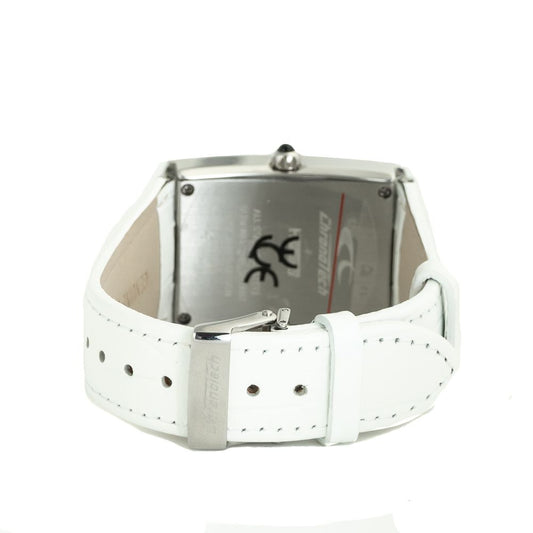 A white leather watch with a silver face and black hands