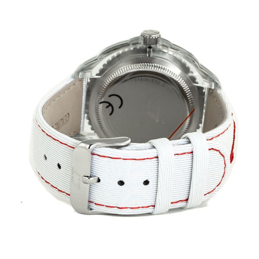 A white leather dress watch with a red stripe on the strap