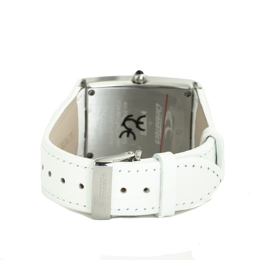 A white leather watch with a silver face and black hands