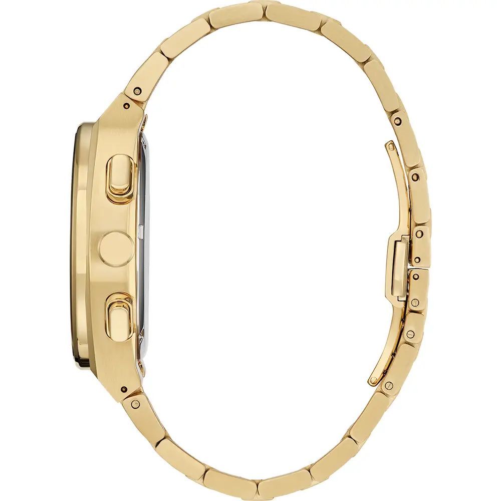 A gold stainless steel watch with a black face