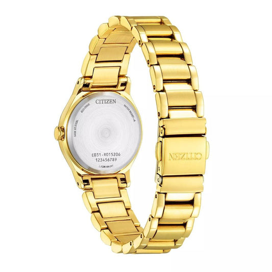 A gold stainless steel watch with a white face, black numbers, and hands