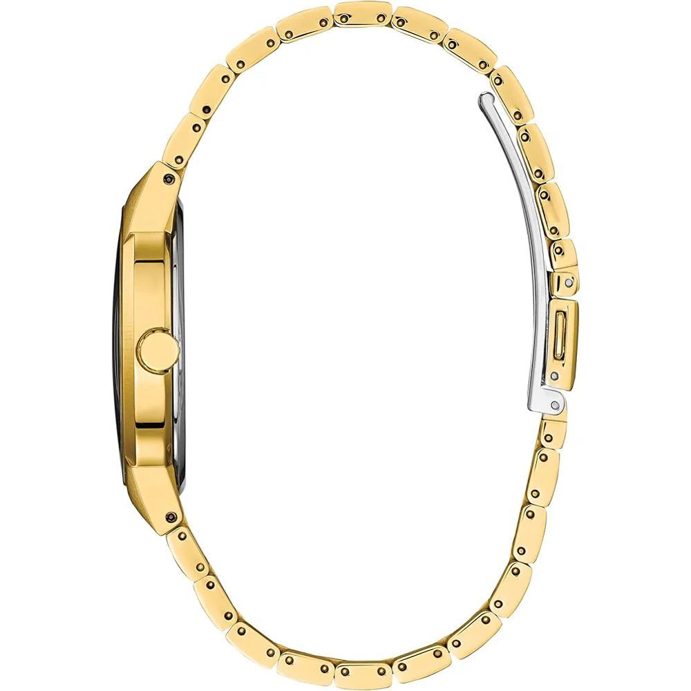 A gold stainless steel watch with a white face, black hands, and a date window