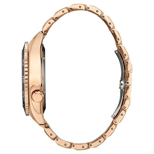 A gold stainless steel watch with a rose gold band