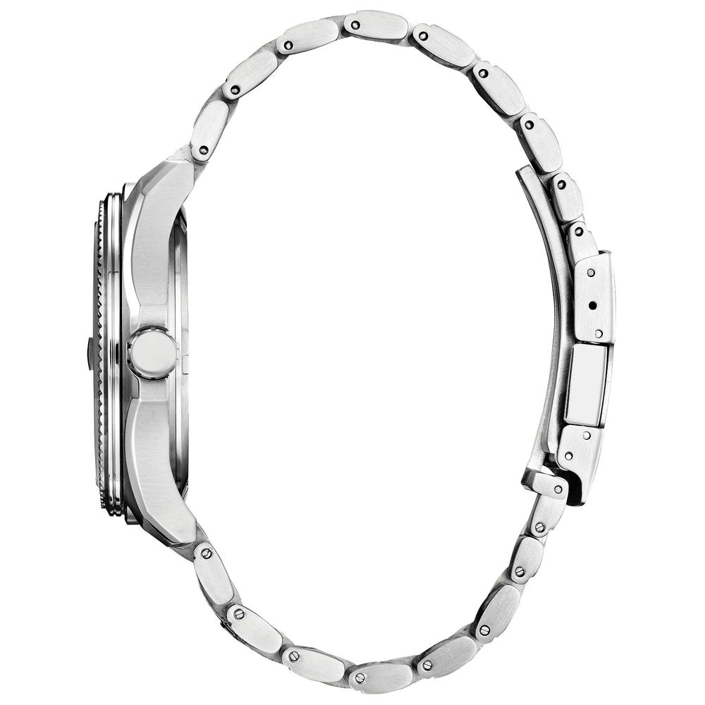 Silver metal watch with black face and white hands