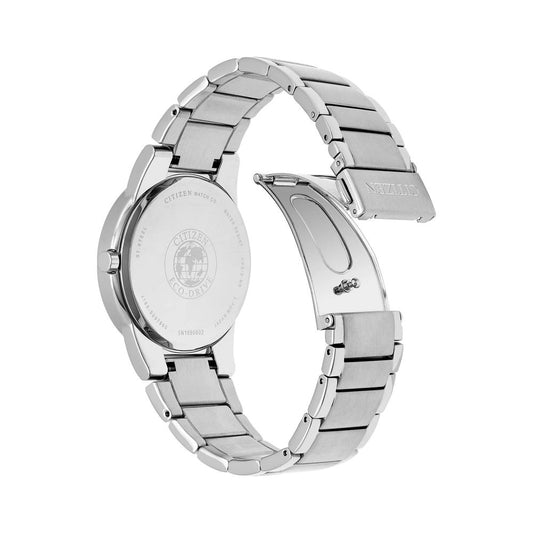Silver watch with black face and white hands