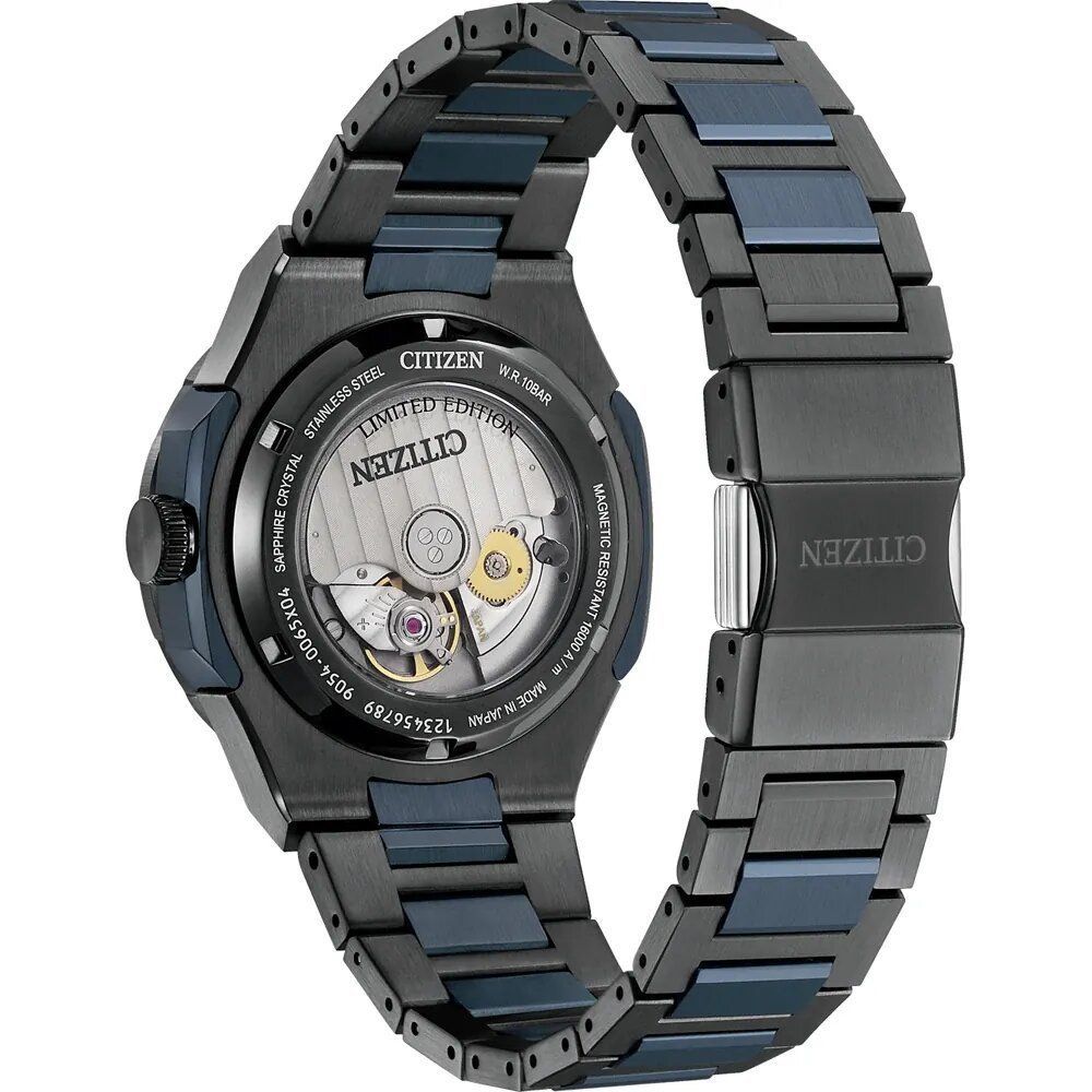 A gray stainless steel watch with a black face, featuring a chronograph function and date display
