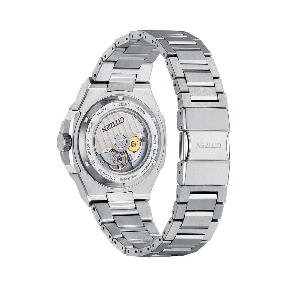 Silver watch with black face and yellow hands