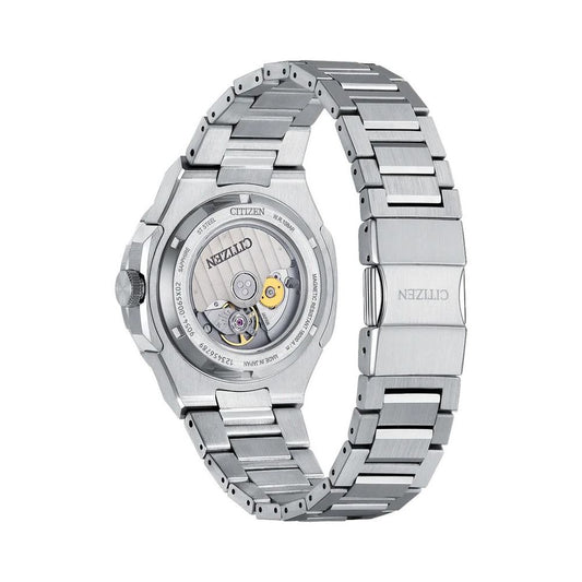Silver watch with black face and yellow hands