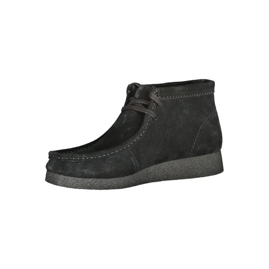 A black leather men's sneaker with a lace-up front, rubber sole, and a sturdy design