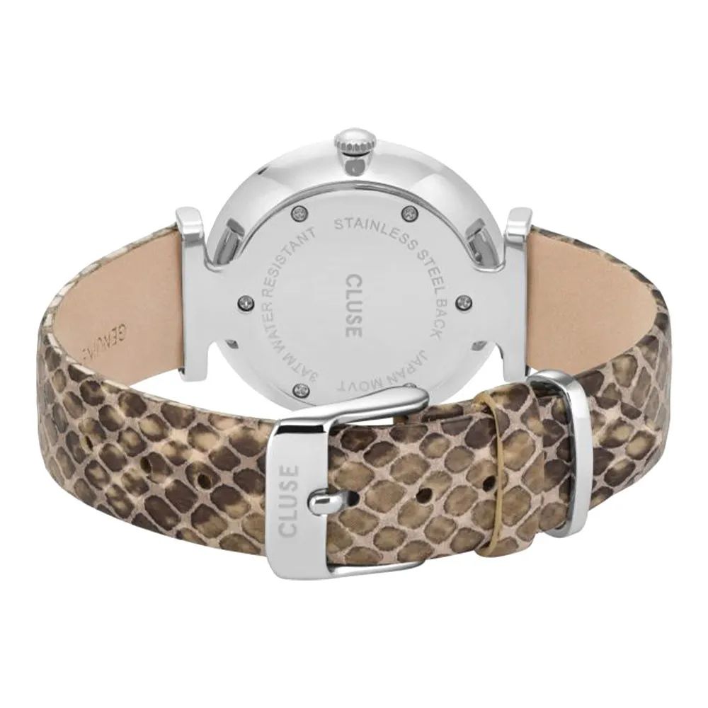 A beige leather watch with a silver face and diamond accents