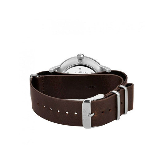 A brown leather watch strap with a silver buckle