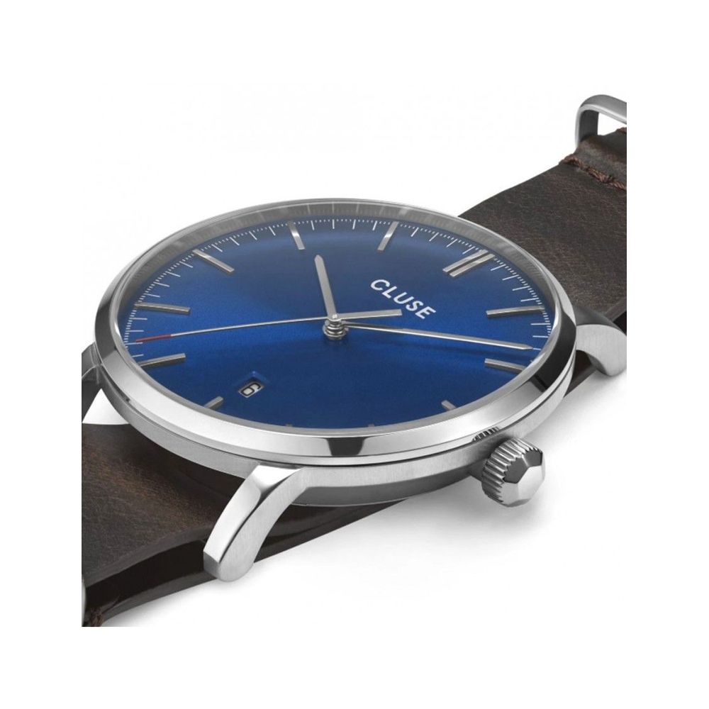 Blue watch with silver accents on brown leather strap