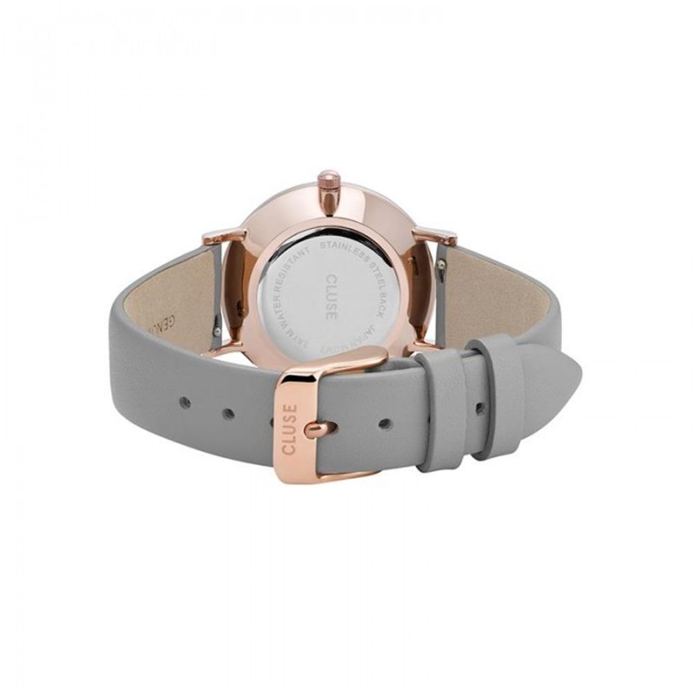 A gray leather watch with rose gold accents
