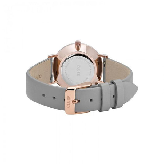 A gray leather watch with rose gold accents