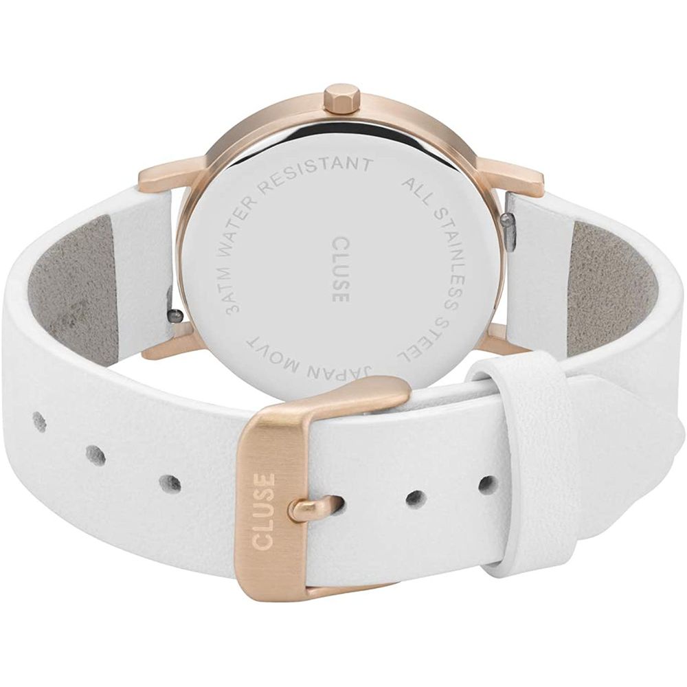 A white leather watch with a rose gold buckle