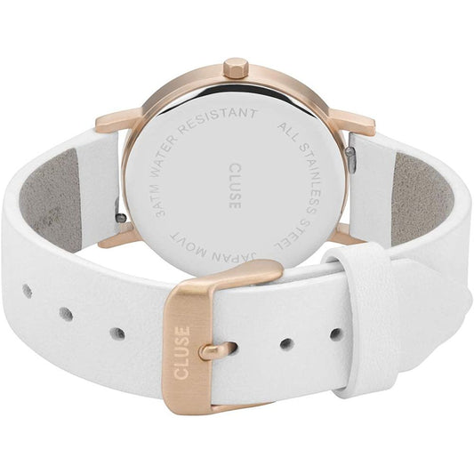 A white leather watch with a rose gold buckle