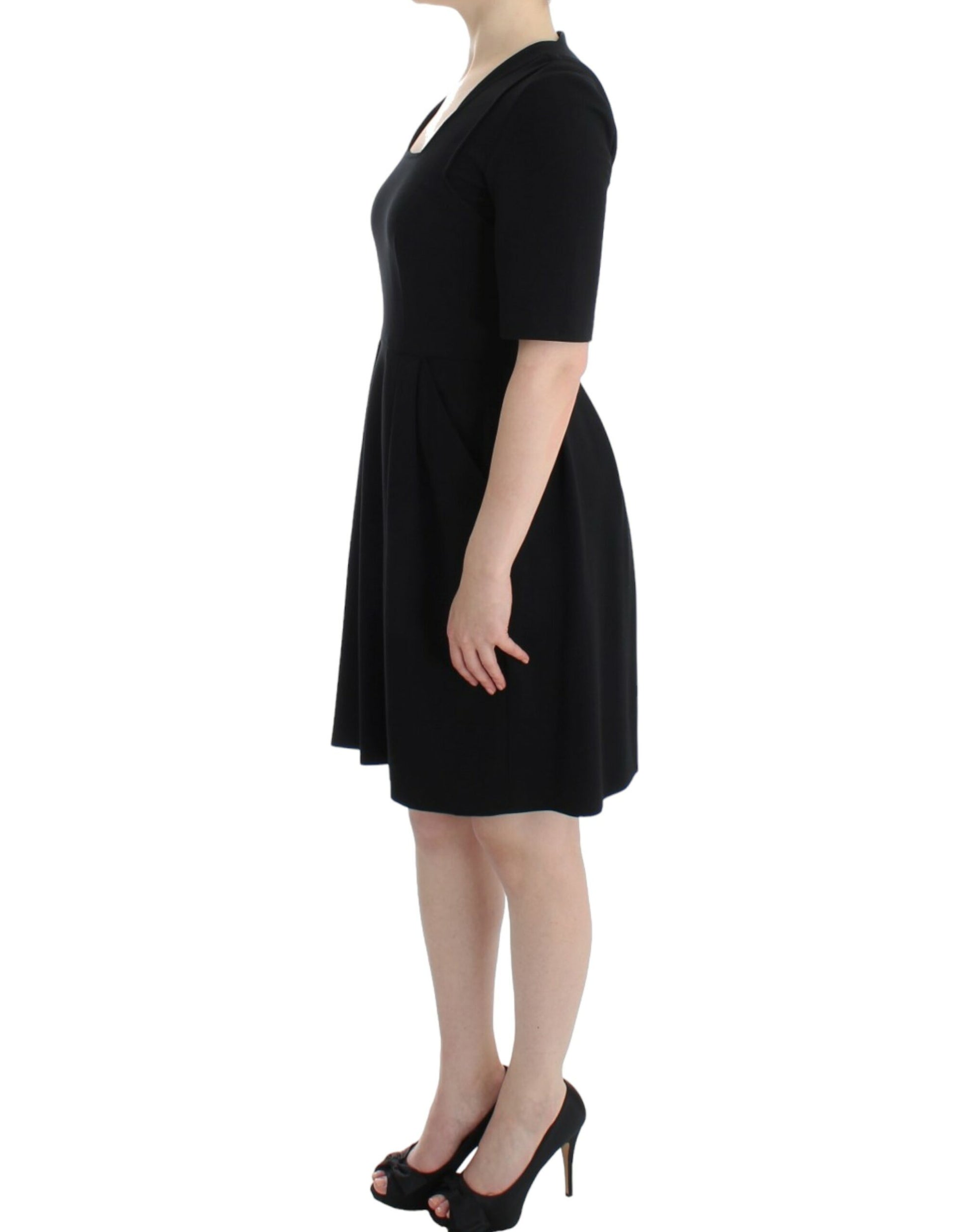 Black dress with short sleeves and a flared skirt