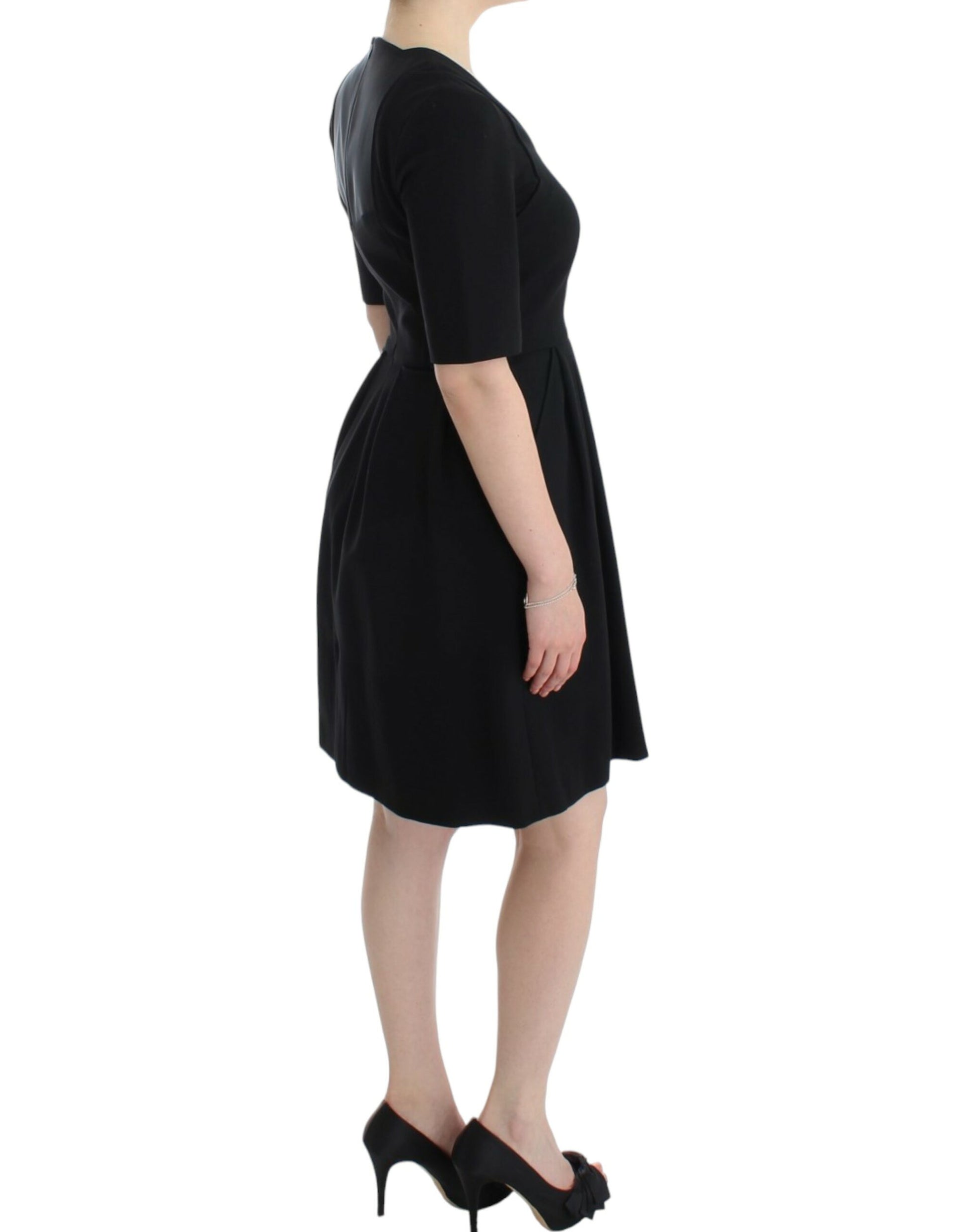 Black dress with short sleeves and a flared skirt
