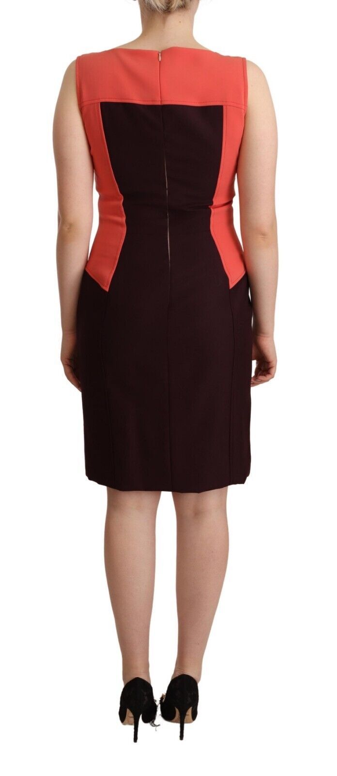 A sleeveless knee length dress with a multicolored design