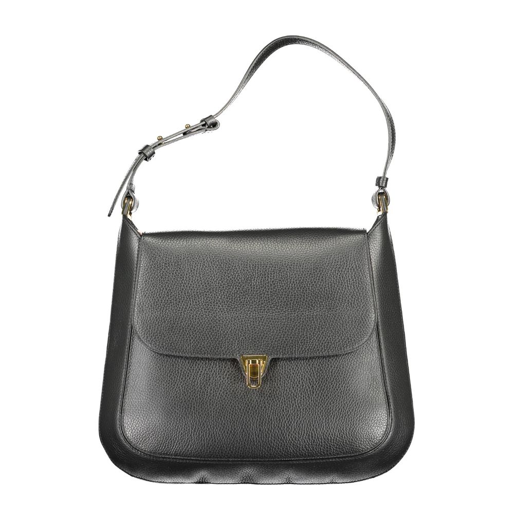 Black leather crossbody bag with gold accents